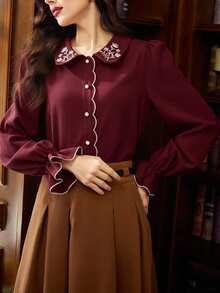 Vintamour Vintage Elegant Women's Floral Embroidery Contrast Trim Button Peter Pan Collar Casual Vacation Blouse Back To School Cute Tops Teacher Going Out Tops Women Fall School Babydoll Top Vacation Birthday Fall Winter Country Concert Western Wear Women Teacher Button Up Shirt Work Church,Red Tops For Women