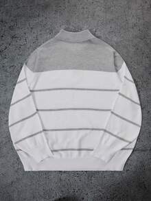 Manfinity Homme Áo len dệt kim dài tay cài nút màu tương phản cho nam, thường ngày, mùa xuân và mùa thu, phong cách Cityboy cổ điển, áo len sọc, mùa đông - Xám - Xem 2