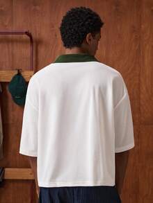 SWAVVY Camisa polo casual holgada con estampado de letras y contraste de color en los hombros caídos para hombres