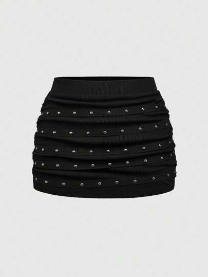Plus Size Fashion Street Style Studded Beaded Pleated Mini Skirt, Plus Size Autumn/Winter Party Club Sexy Black Mini Skirt, Plus Size Autumn/Winter Women Avant-Garde Black Studded Mini Skirt