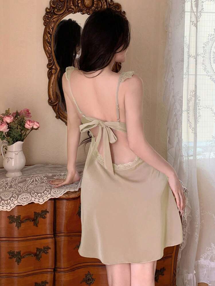Lace Patchwork Satin Backless Camisole Nightgown