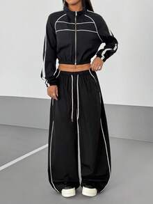 StreetHx Bộ 2 món áo khoác raglan tay dài có khóa kéo phía trước và quần ống rộng phong cách đường phố thể thao thoải mái dành cho nữ - màu đen - Xem 4