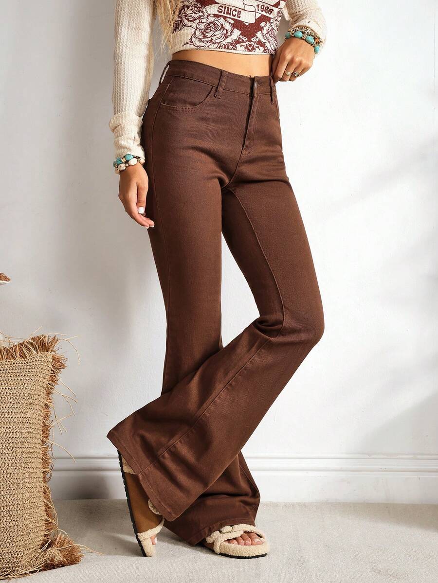 EMERY ROSE Women's Pocketed Flare Casual Versatile Jeans - Coffee Brown - View 1
