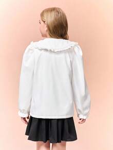 Tween 女童白色荷叶边领长袖保暖衬衣 - 白色 - 查看 2
