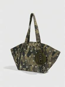 ROMWE Grunge Punk 1pc Punk-Style Star-Pattern Camouflage Crossbody Bag, Paired With A Tactical Wallet Pouch Pendant, A Sweet And Cool Star-Decorated Handbag - Army Green - View 3