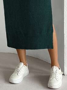 Elenzga 大码纯色简约圆领毛衣裙 - 墨綠色 - 查看 4