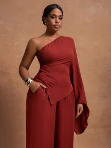 EMERY ROSE 2025新款初秋大码休闲度假日常约会通勤优雅海滩游轮派对简约风不对称肩部不对称喇叭袖短前长后斜裁长下摆侧开衩侧褶长款上衣+松紧腰阔腿超长裤红棕色面料女装两件套，后背系带 - 紅木色 - 查看 8