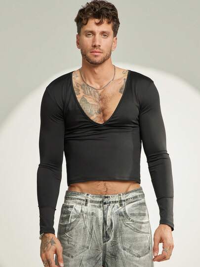 FeverCity Men's V-Neck Long Sleeve Fitted Casual Knit T-Shirt