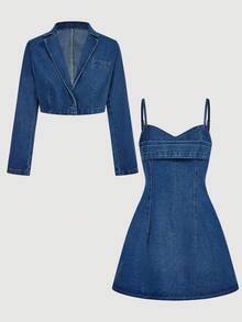 Sweetra Women Lapel NeckLong Sleeve Jacket And Denim Jumpsuit Set - Blue - View 1