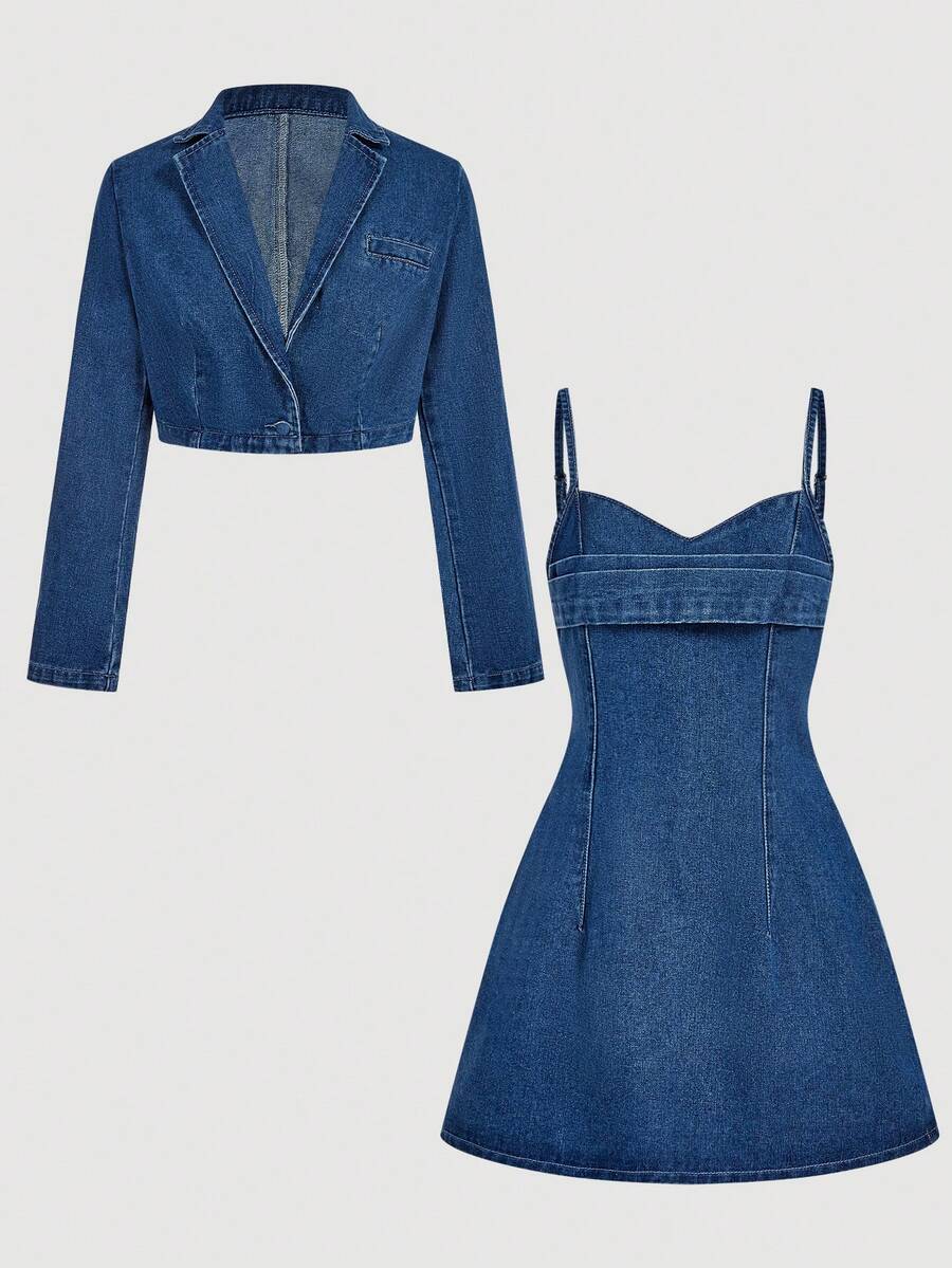 Sweetra Women Lapel NeckLong Sleeve Jacket And Denim Jumpsuit Set - Blue - View 1