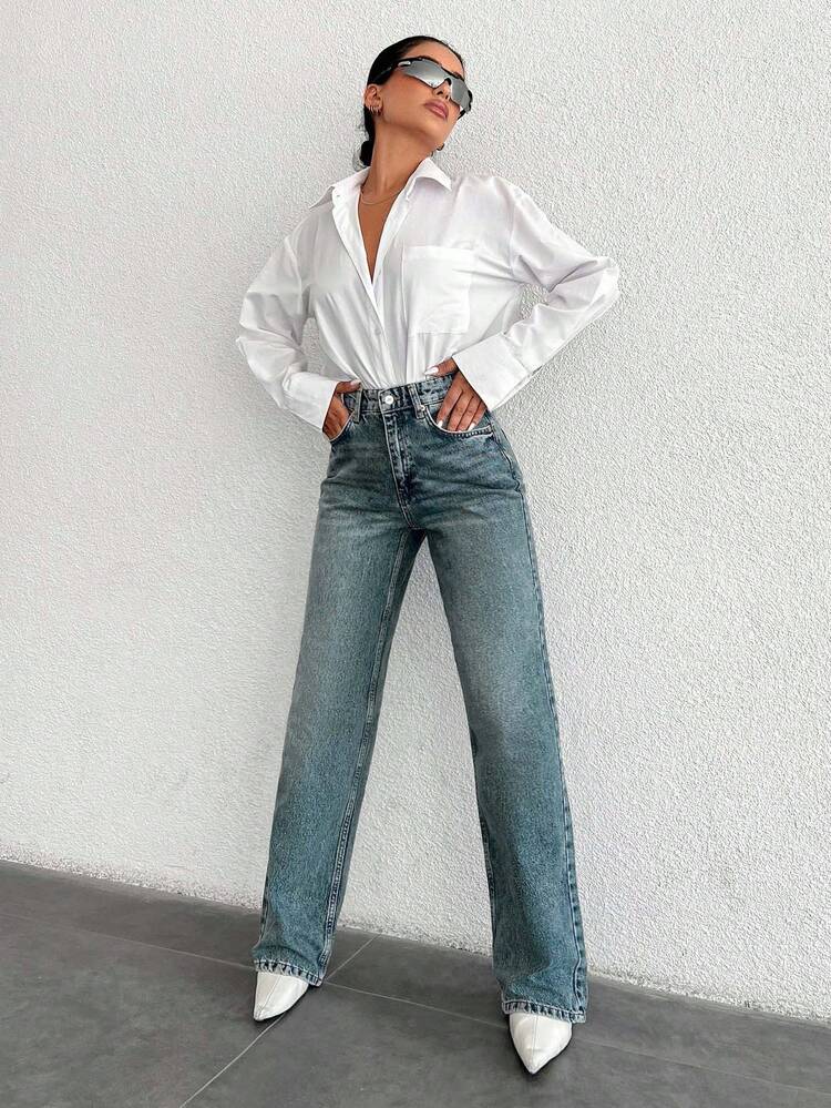 EURMUSE 100%Cotton High Waist Straight Leg Jeans PETITE - Dusty Blue - View 6