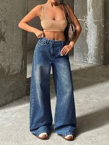 EURMUSE RueChic VINTAGE WASH HIGH WAIST WIDE LEG CUT ASYMMETRIC BELT DETAIL - Dusty Blue - View 4
