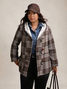 Zelara Women's Vintage Plaid Fleece Plus Size Loose Coat,Brown Winter Casual Hiking White Zip-Up Hoodie,Fall Thanksgiving Warm Cozy New Year Outerwear - Coffee Brown - View 3