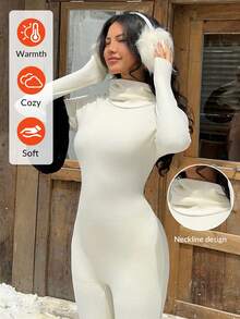 Muchica 女士象牙色针织高领长袖连体裤 - 米色 - 查看 6