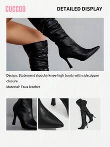 CUCCOO SZL 女士时尚尖头细高跟黑色高筒靴，翻折过膝长靴，性感派对夜店装高跟过膝长靴 - 黑色 - 查看 4