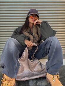 DAZY Áo khoác dày cổ rộng màu tương phản, thường ngày, đi phố, dành cho nữ, mùa thu/đông - Xám - Xem 4