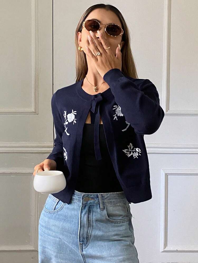 Floral Embroidery Cropped Long Sleeve Bow Knit Cardigan, Elegant For Young Women, Autumn/Winter