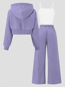 SHEIN 3 件套女童休闲简约吊带背心 + 短款拉链连帽衫 + 阔腿裤套装，适合日常穿着 - 紫色 - 查看 2