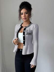 Elenzga Women's Contrast Color Faux Pearl Waist Ruffle Hem Knit Cardigan - Grey - View 3