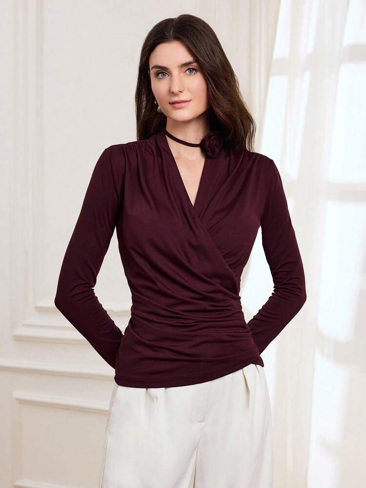 Women's Solid Color Overlap V-Neck Long Sleeve Pleated Elegant T-Shirt