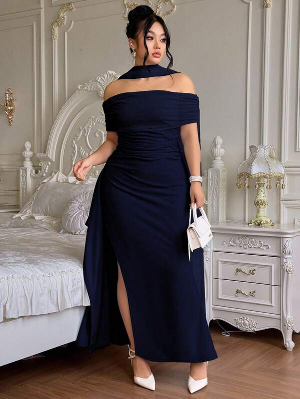 Roveilla Vestido largo de fiesta elegante y ajustado con hombros descubiertos y abertura para mujer de talla grande, ideal para fiestas navideñas y ocasiones formales. Disponible en azul marino.