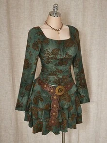 SHEIN ICON 大码复古扎染绿色中长裙，适合秋季、度假、约会、海滩穿着，也可作为秋季西部风嬉皮裙穿着。 - 綠色 - 查看 6