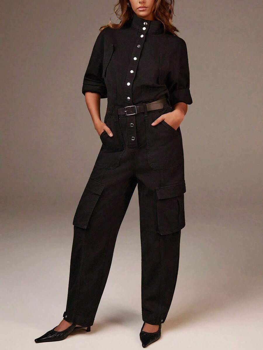 Athîral 女式立领长袖单排扣工装口袋休闲宽松牛仔连体裤 - 黑色 - 查看 1