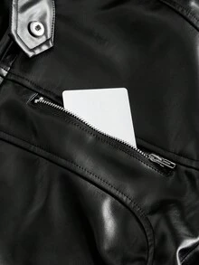 ROMWE MEN Street Life Chaqueta casual de manga larga con cremallera delantera de unicolor y de cuero sintético holgada para hombres - Negro - Ver 6