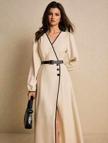 Poéselle 女士V领灯笼袖单排扣优雅长裙 - 杏色 - 查看 4