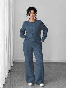 Elenzga Women's Simple Stylish Long Sleeve Button Long Pants Plus Size Knit Sweater Set, Autumn/Winter Outfits - Dusty Blue - View 7