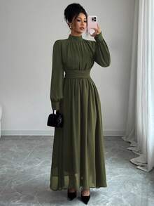 Elenzga 女士休闲、通勤、度假、下午茶、派对纯色棕色雪纺立领宽松交叉系带腰部 A 字形蝴蝶结衬里长袖长裙，春/秋/冬 - 軍綠色 - 查看 7