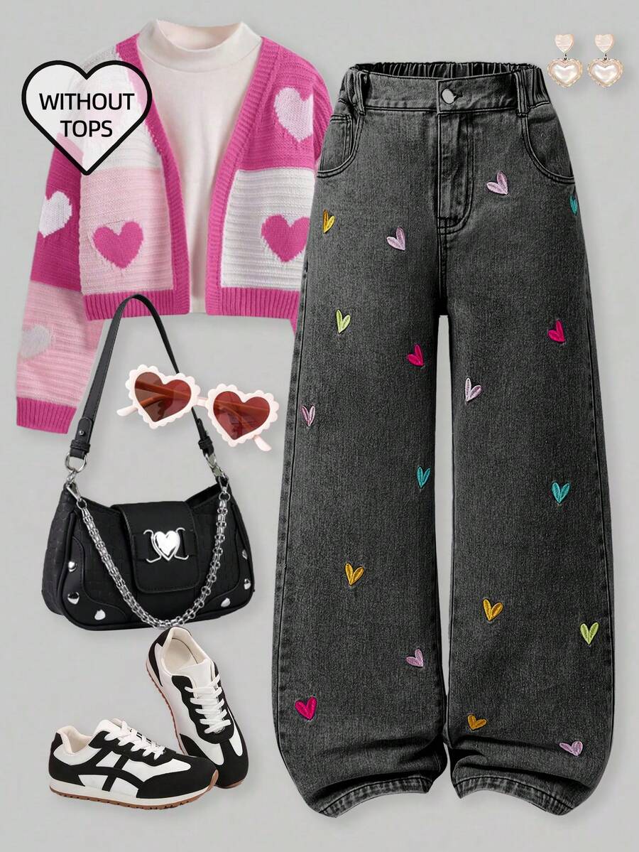 ChillGRL Tween Girls Jeans - 新款时尚雪花水洗做旧刺绣阔腿牛仔裤，爱心刺绣彩色爱心可爱刺绣阔腿裤，女童宽松阔腿牛仔裤，浅蓝色，适合圣诞节、新年、情人节、日常穿着、上学 - 灰色 - 查看 1