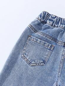 Young Girl Fashionable Snowflake Cartoon Pattern Pocket Loose Wide-Leg Casual Jeans Cutesy Clothes - Blue - View 4