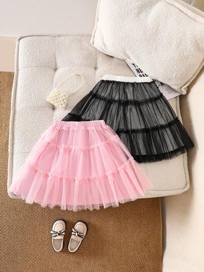Genkimix Kids 2pcs Young Girl Summer Casual Vacation Solid Color Mesh Tiered Hem Elastic Waist Skirt Set