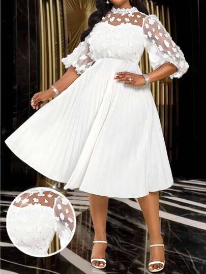 Fleurora Spring, Summer, Autumn And Winter Woven Round Neck Mesh Cut Flowers 3D Three-Dimensional Fabric Splicing Waist Hem Pleated Mid-Length Plus Size Dress Elegant Dresses For Party  Luxury Evening Dresses For Women  White Dress Christmas Clothes Winter Dress Christmas Dress New Year Clothes  Party Dress Elegant Dresses For Party   Elegant Dresses For Women