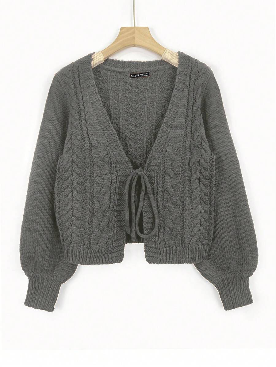 SHEIN Unity Áo khoác cardigan dệt kim dài tay buộc phía trước màu trơn cho nữ, mùa thu/đông - Màu xám đen - Xem 1