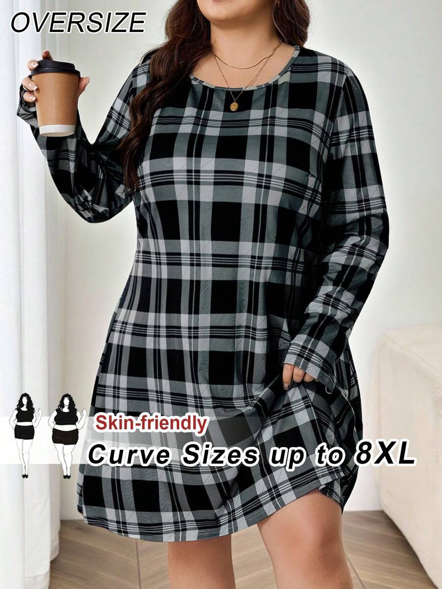 SHEIN CURVE+ 大码女式简约休闲日常黑白格纹连衣裙 - 黑與白 - 查看 1