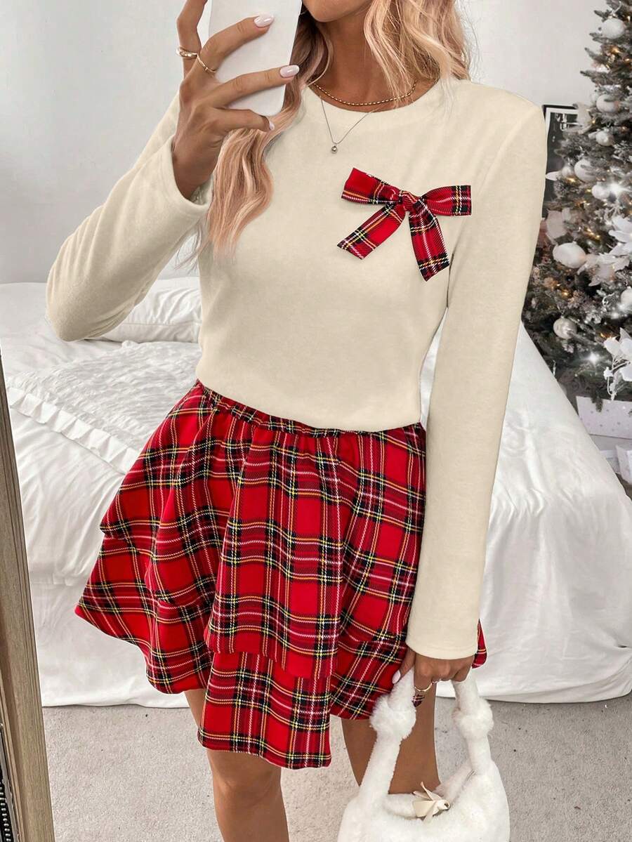 Chiquease 2pcs/Set Fitted Red Plaid Bow Accent Outfit, Suitable For Christmas, Autumn/Winter - Beige - View 1