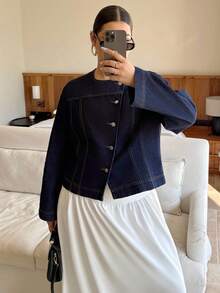 Dripcurv 大码女式深蓝绿色圆领宽松基本款牛仔外套，圣诞节复古风 - 藍色 - 查看 3