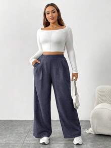 SHEIN Essnce 大码女装秋冬时尚休闲宽松日常舒适复古棕色松紧腰阔腿裤，女式下装，工作裤，秋季服装，老款，复古裤，曲线裤 - 霧霾藍 - 查看 4