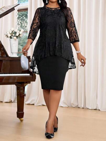 SHEIN Lady Spring And Summer Autumn And Winter Elegant Commuting Office Black Lace Knitted Scoop Neck Midi Three Quarter Length Sleeve Plus Size Co-Ords Women's Summer Two-Piece Sets  Women's Summer Set Summer Outfit For Women Setup Autumn Winter Women Elegant Women's Set