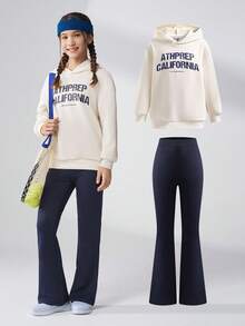 JNSQ Tween Girls 2pcs Set, Loose Crew Neck Graphic Letter Print Sweatshirt Top Paired With Slim Flare Pants, Suitable For Autumn, Winter Daily Wear, Outdoor Activities, Vacation, Streetwear, Party And Casual - Multicolor - View 1