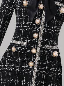 SHEIN Serisse Kids 年轻女孩优雅黑色粗花呢长袖中长连衣裙，适合派对、生日、圣诞节、活动、聚会、野餐、姐妹装 - 黑色 - 查看 14