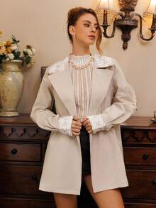 Glamine Charm Lace Patchwork Elegant Double-Breasted Vintage Fashionable Shoulder Midi Jacket, Suitable For Autumn/Winter - Apricot - View 5