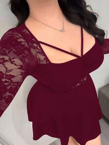 Váy Vibekara cỡ lớn gợi cảm cho nữ, dáng chữ A, tay dài, xếp ly, cổ điển, lãng mạn, ôm sát, tối giản, thích hợp mặc hàng ngày, đi học lại, sinh nhật, tiệc tùng, khách dự tiệc cưới, tiệc cocktail - Màu Đỏ Sâu - Xem 3