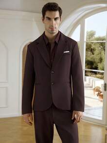 Calvornis 男士纯色酒红色简约休闲长袖西装套装，包含外套和裤子，商务正装两件套，冬季休闲套装 - 酒紅色 - 查看 3