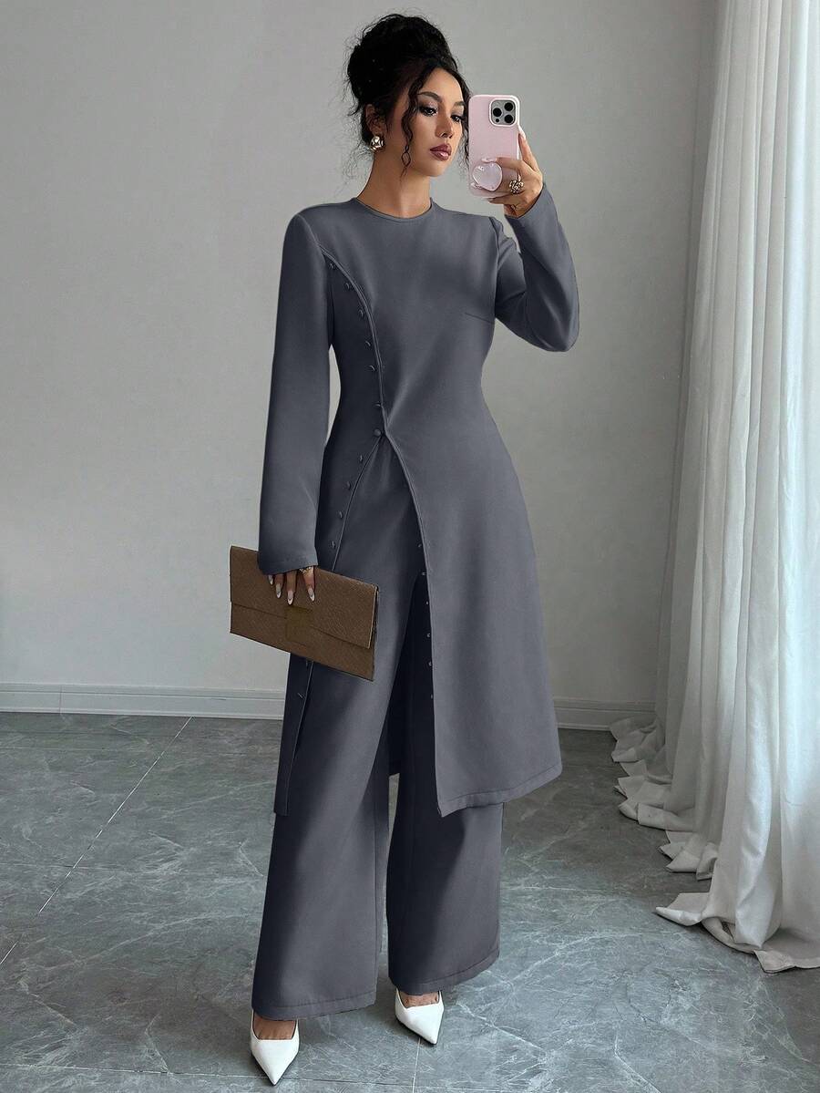 Elenzga Bộ 2 món áo khoác cardigan tay dài một hàng khuy đơn giản màu trơn dành cho nữ, đi làm hàng ngày, xuân/thu - Xám - Xem 1