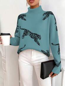 SHEIN Clasi Pull ample décontracté à col montant, manches longues et épaules tombantes, motif léopard, pour femmes. Automne/Hiver - Bleu azur - Voir 4