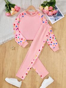 2pcs/Set Tween Girls Heart & Ditsy Floral Sweatshirt + Leggings Fall Winter - Pink - View 4