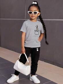 SHEIN Young Girl Cartoon Bear Print Short Sleeve T-Shirt And Pants Casual 2 Pieces Set - White - View 5